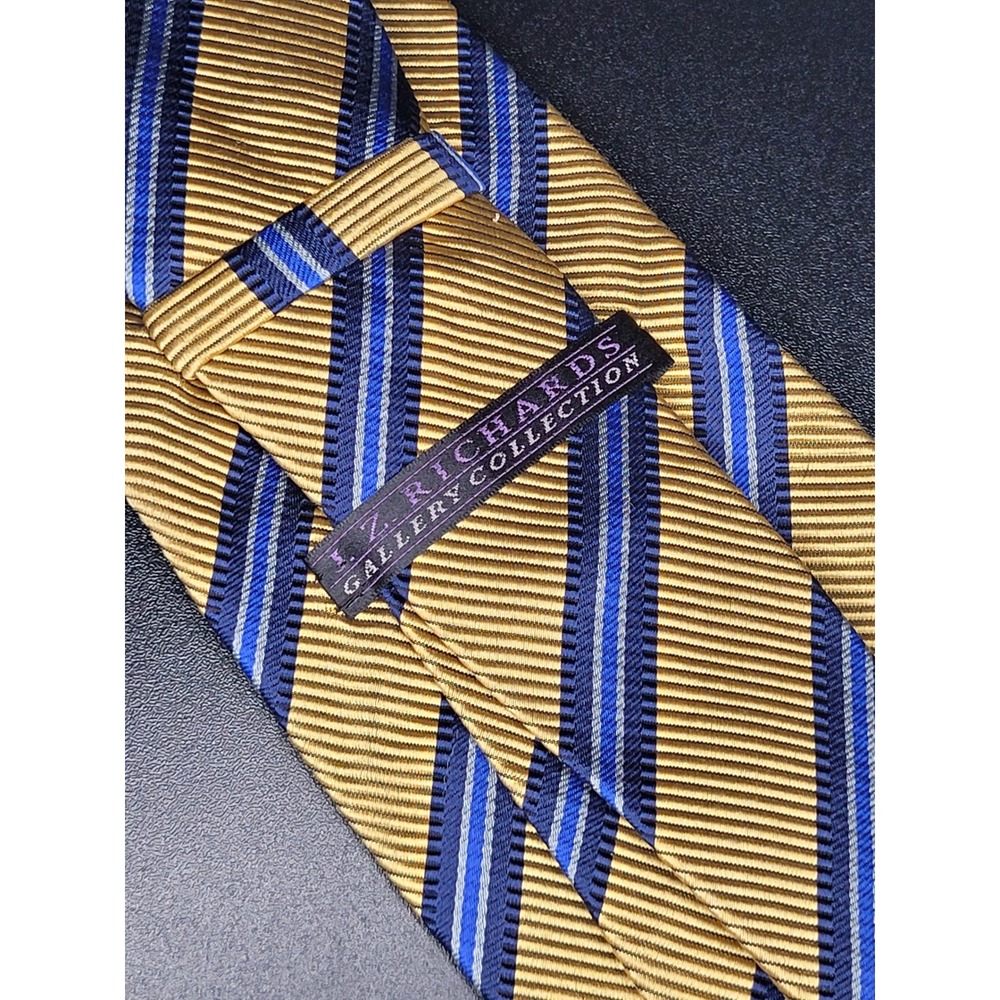 J Z Richards Mogador Tie Gold Blue Stripe Silk Cotton Handmade USA 3.75